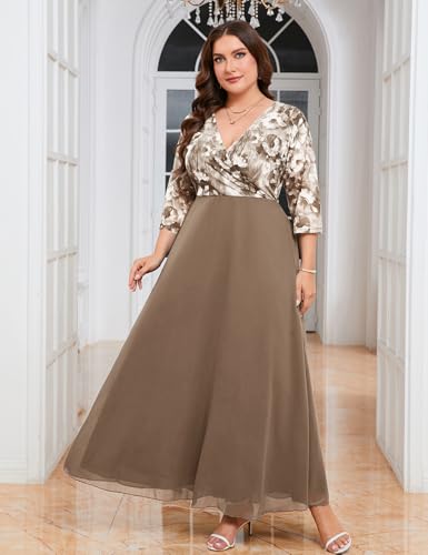 Image of ZOMVA Plus Size Maxi Formal Dress Lace Chiffon Floral V-Neck Wrap Wedding Guest Evening Gown Cocktail Prom 3 /4 Sleeves