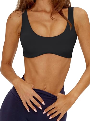 Image of LASLULU Sexy Sports Bras for Women Scoop Neck Sleeveless Padded Bra Workout Yoga Crop Top