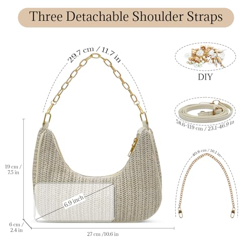 Image of Beach Purse Straw Shoulder Bag for Women, Summer Purse with Shell Pearl Bag Charms & 2Pcs Detachable Strap Chain