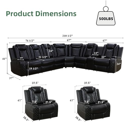 Image of Power Reclining Sectional Sofa Set with 2 Recliner Chairs, Black Breathable Faux Leather L-Shaped Couch with LED Lights, USB, Wireless Charging, Storage Console and Cup Holders for Living Room