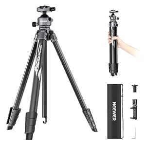NEEWER LITETRIP LT07 61″ Aluminum Travel Tripod for Camera w Pan Tilt Low Profile Ball Head, Arca QR Plate Compatible with Peak Design Tripod Plate V3, Dual Center Axis, Phone Holder, Max Load 22lb