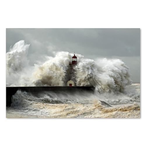 Postereck - 0451 - Phare, tempête, intempéries, mer, vague. Art Mural Impression – Décoration marine, océan, Canvas - Affiche - 3:2 30,0 cm x 20,0 cm