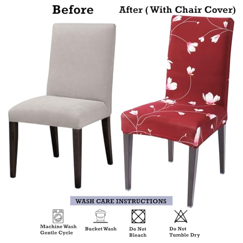 Image of Stretchable Dining Chair Cover - Washable, Removable, Anti-Slip, Protector, Universal Fit (Set of 4, Maroon Floral Vine)