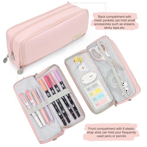 CICIMELON Pencil Case Large Capacity Pencil Pouch 3 Compartments Pencil Bag Gift for Students Girls Adults Women (Pink), large