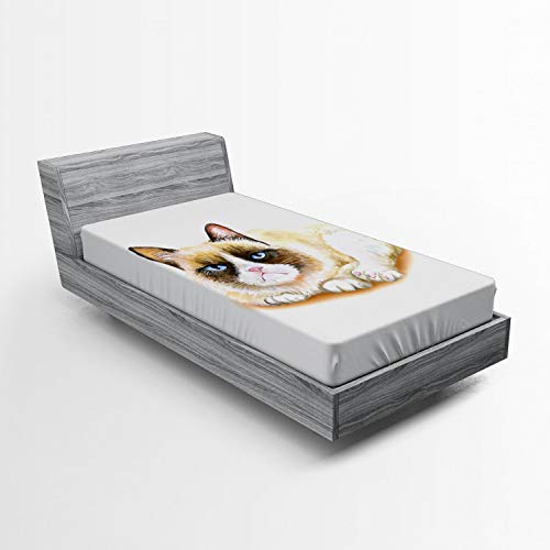 Ambesonne Animal Fitted Sheet, Grumpy Siamese Cat Angry Paws Kitten Moody Feline Fluffy Love Art Print, Soft Decorative Fabric Bedding All-Round Elastic Pocket, Twin Size, White Brown