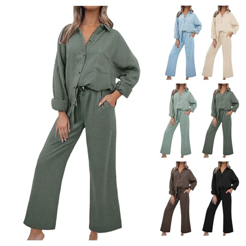 2 Piece Outfit for Women Casual Pajamas Lounge Set Lightweight Lapel Button Down Shirt Drawstring Wide Leg Pant Sets