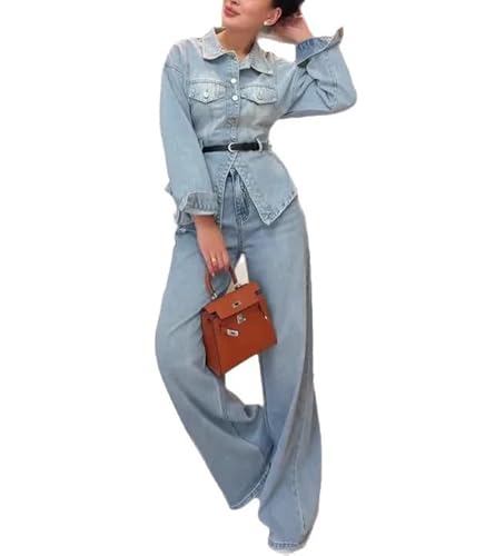 THLAI Light Blue Denim Women's Two Piece Outfits Long Sleeve
