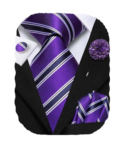 Image of Hi-Tie Navy Purple Ties for Men Silk Business Necktie Striped Mens Tie and Flower Lapel Pin Pocket Square Cufflinks Set