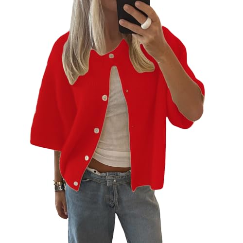 Image of Women's Y2K Crop Cardigan Sweater Short Sleeve Round Neck Button Down Sweater Fall Winter Knit Top Streetwear (Red, M)