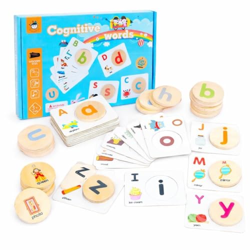 Image of PLUSPOINT Cognitive Words Letter Matching Game for Kids | Montessori Spelling & Phonics Learning Toy with Flash Cards & Wooden Alphabet Blocks | Early Reading Educational Toy for Ages 3+ Years