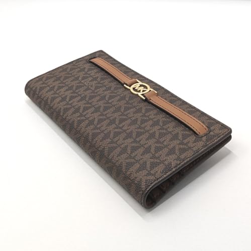 Image of Michael Kors Women's Brown Reed Wallet, Classic Elegant Compact Bi-Fold, Pebbled Leather, Snap Closure, Zipper, 12 Card Slots, 7.5 inchW X 4 inchH X 0.75 inchD inches