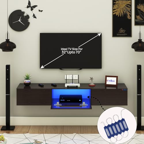 Image of Lucen Wall Mount Modern Floating TV Unit for Living Room | 3 Closed Storage cabinets with hinged Door - Blue Color LED Light | Ideal for UP to 65 Inch TV (Wenge Finish - DIY Installation)