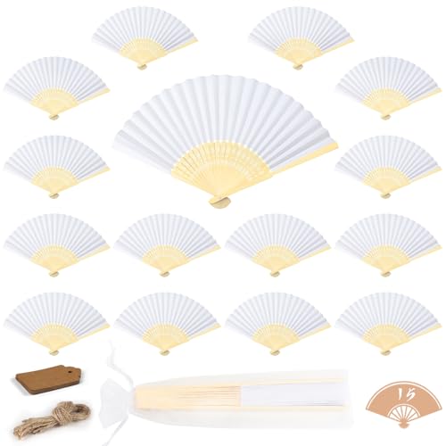 lalago 15 Piezas Abanico Blanco, Abanico Mano Plegable con Bolsa de Organza, Abanicos Baratos para Bodas, Abanicos Personalizado para PAI PAI para Bodas