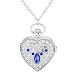 JewelryWe Heart Shaped Pocket Watch: Vintage Quartz Analog Locket Style Pendant Necklace Watches with Rhinestone Accents and 30.7' Chain for Women