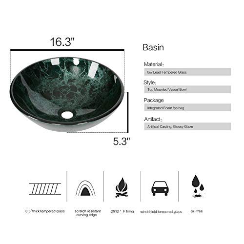 Puluomis Artistic Vessel Sink Bathroom Tempered Glass Vanity Round Bowl With Oil Rubber Bronze Faucet And Pop Up Drain Combo, Green #TOP1