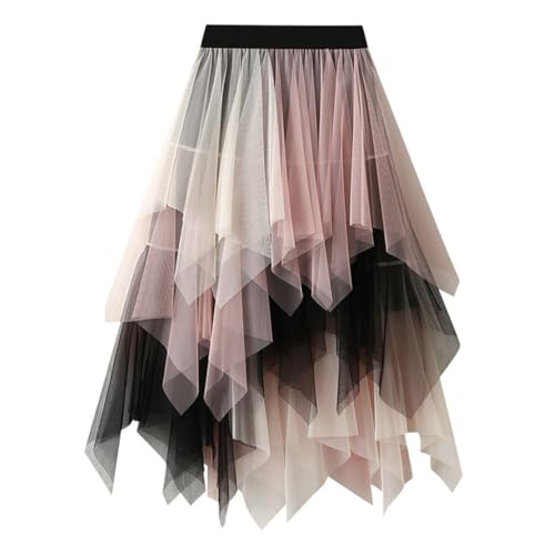 Long Pleated Skirts for Women Ruffle Layered Asymmetric Hem Tulle Skirt Color Block Fairy Midi Skirts Vacation
