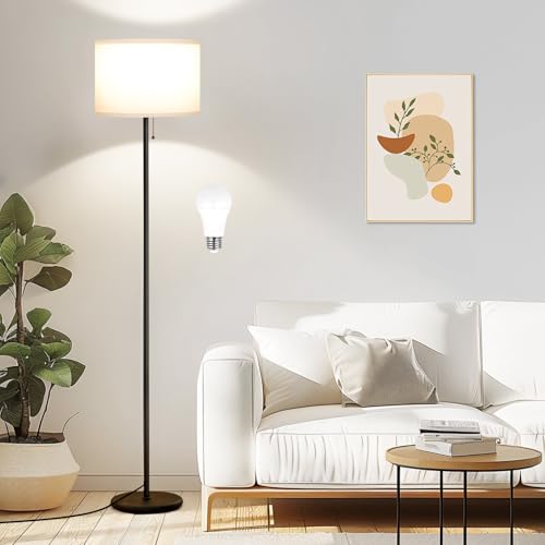 Image of Ambimall Floor Lamps for Living Room with 3 Color Temperatures Bulb & Pull Chain Switch, 60 inch Modern Standing Floor Lamp for Bedroom Kids Room Study Room（White Shade & Black Pole）