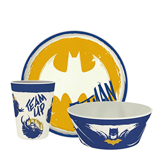 Image of Zak Designs DC Comics Batman Kids Dinnerware Set 3 Pieces, Durable and Sustainable Melamine Bamboo Plate, Bowl, and Tumbler are Perfect For Dinner Time With Family (Batman, Robin, Batgirl)