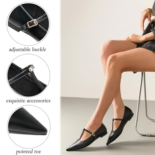CouieCuies Mary Jane Flats for Women Comfort Ballet Flat T Strap Pointed Toe Dressy Shoes Black Pointed Toe Flats Office Elegant Maryjanes2