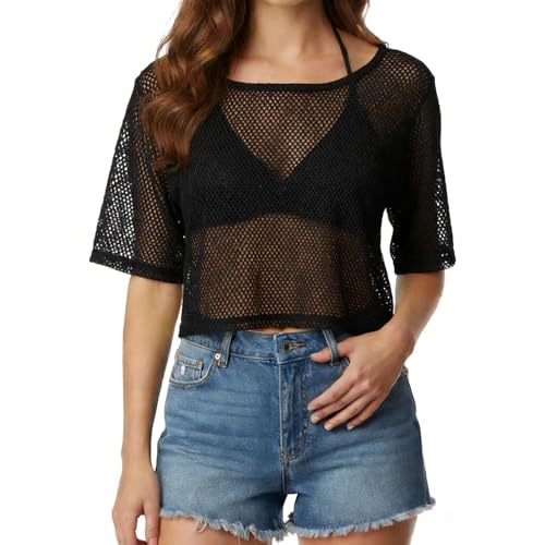Camiseta corta de malla para mujer, manga corta, blusa de punto hueca, transparente, tela clásica, ligera, suave y cómoda para salidas diarias, Negro, M