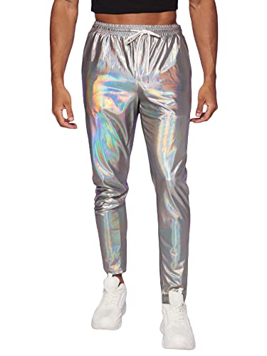 WDIRARA Men's Metallic Drawstring Waist Holographic Party Club Pants with Pockets