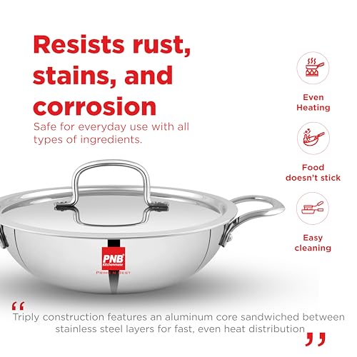 Image of PNB Kitchenmate Triply Stainless Steel kadai - 2.0 Liter | Induction Compatible triply kadai with lid | Stainless Steel cookware | Try ply cookware for Indian Cooking |Dishwasher Safe|5 Year Warranty