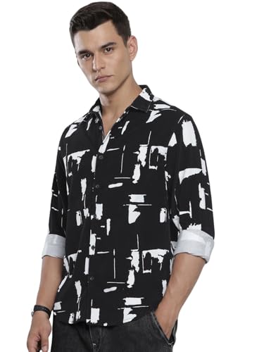 Chemise pour homme avec col découpé et manches complètes imprimée noire XL