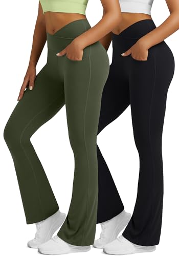 Image of Flare Leggings for Women with Pockets 2pack High Waisted Crossover Flare Leggings Bootcut Yoga Pants