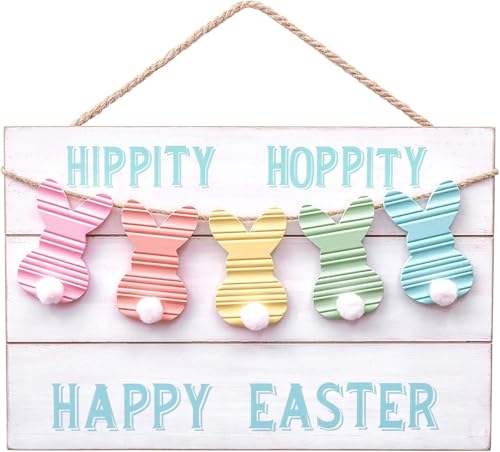 Valery Madelyn Easter Decorations, Happy Easter Signs for Wall, Wooden Hanging Wreaths for Front Door, Rustic Farmhouse Bunny Door Decorations Home Decor for Spring, 10 inch