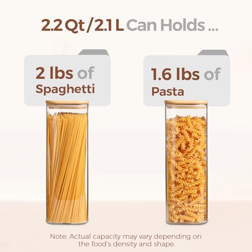 ComSaf Glass Spaghetti Pasta Storage Containers with Lids 2.2 Qt Set of 3, Tall Clear Airtight Food Storage Jar with Lid for Noodles Flour Oat Cereal Sugar Beans, Sqaure Spaghetti Pantry Containers
