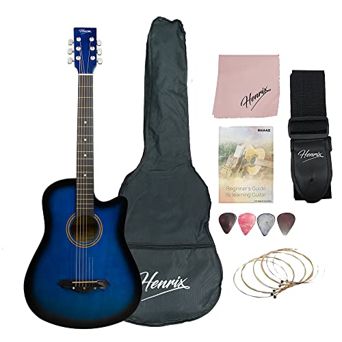 Image of Henrix 38C 38 Inch Basswood Cutaway Acoustic Guitar With Dual Action Truss Rod, Gigbag, Picks, String Set, String Winder, Strap, Polishing Cloth & Ebook - Blue Burst