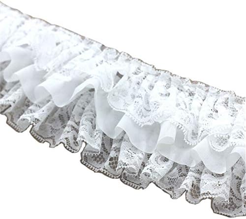 3-3/4" Wide Pleated Chiffon Lace Trims Ruffled Lace Trims for Cloth Sewing DIY Craft Supply (White-2Yard)
