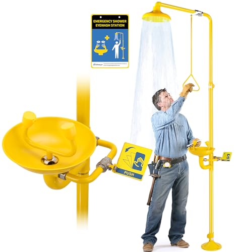 Image of Combination Eye Wash Station and Shower Emergency Shower Eyewash Station OSHA Approved for Industrial & Commercial & Lab Use, Stainless Steel with ABS Coating, NPT Threads