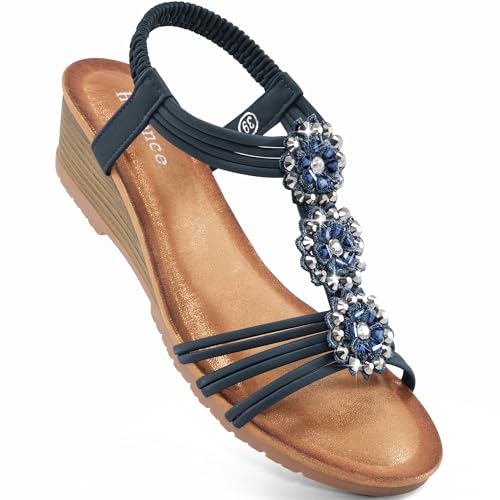 HARENCE Wedge Sandals for Women Dressy: Comfortable Elastic Ankle Strap Low Heel Open Toe Flower Summer Shoes