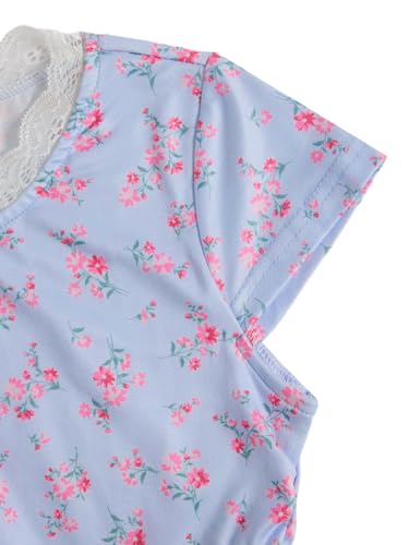 Image of RoseSeek Girl's Ditsy Floral Print Lace T Shirt Short Sleeve Ribbed Ruched Cute Tee Shirts Summer Tops