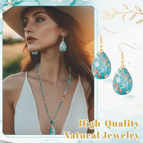 Turquoise Jewelry Set Turquoise Long Beaded Necklaces and Earrings for Women Boho Natural Stone Indian Necklace Bohemian Beaded Jewelry Handmade Vintage Oval Water Drop Earrings4