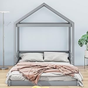 Full Size Wood House Bed with Guardrail,House-Shaped Floor-Bed,Wooden Bedframe with Roof for Kids, Teens, Boys or Girls,No Box Spring Required,Easy to Assemble,Grey Full Size Wood House Bed with GuardrailHouse Shaped Floor BedWooden Bedframe with Roof for Kids Teens Boys or GirlsNo Box Spring RequiredEasy to AssembleGrey