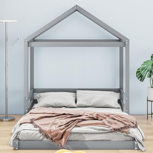 Full-Size-Wood-House-Bed-with-GuardrailHouse-Shaped-Floor-BedWooden-Bedframe-with-Roof-for-Kids-Teens-Boys-or-GirlsNo-Box-Spring-RequiredEasy-to-AssembleGrey Full Size Wood House Bed with GuardrailHouse Shaped Floor BedWooden Bedframe with Roof for Kids Teens Boys or GirlsNo Box Spring RequiredEasy to AssembleGrey