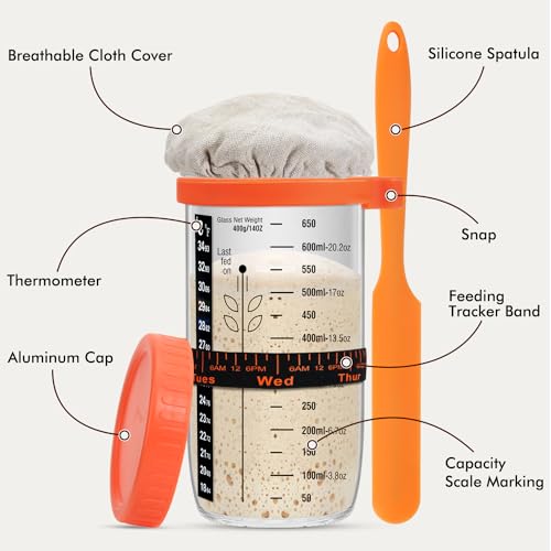 Sourdough Starter Kit, Sourdough Bread Baking Supplies, 2 9 Inch Round Banneton Bread Proofing Basket with 24 Oz Glass Jar, Sour Dough Tools with Danish Dough Whisk & Scraper