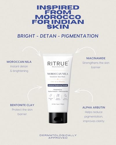Image of Morocco Nila Powder Face Pack | No DIY | Just Direct Apply | Instant Detan & 15 Min Glow with Niacinamide & Alpha Arbutin | Tan Removal, Even Skin Tone, Advance Brightening | ALL SKIN TYPE By Ritrue Moroccan