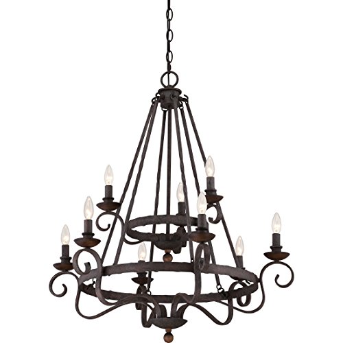 Image of Quoizel Noble Candle Chandelier, 9-Light, 36 inch H x 32 inch W Rustic Black Vintage Chandelier, 60W Bulbs, Max Adjustable Height 138 inch, Pendant Light for Kitchen, Dining, Living Room, Foyer or Farmhouse