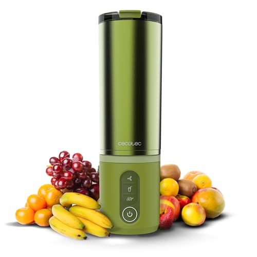 Cecotec Batidora de Vaso Individual Power Titanium Shake2Go Olive Steel. 180W, Vaso Metal 600ml Libre BPA, 3 Programas Automáticos, Carga USB-C, Bebidas Frías por Más Tiempo