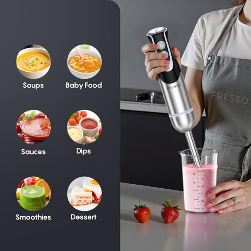 Image of Immersion Blender Handheld, 2-In-1 Hand Blender with 12-Speeds & Turbo Mode | 500W Emulsion Blender, 24oz Beaker, Stainless Steel Blade，Stick Mixer for Baby Food, Smoothies, Soups & Sauces