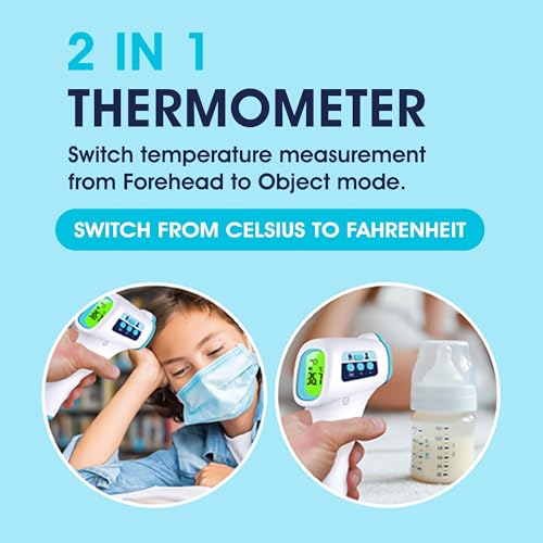 Thermomètre frontal ByFloProducts, thermomètre numérique sans contact pour adultes et bébés, thermomètre infrarouge numérique, lecture rapide et précise avec alarme de fièvre, bleu