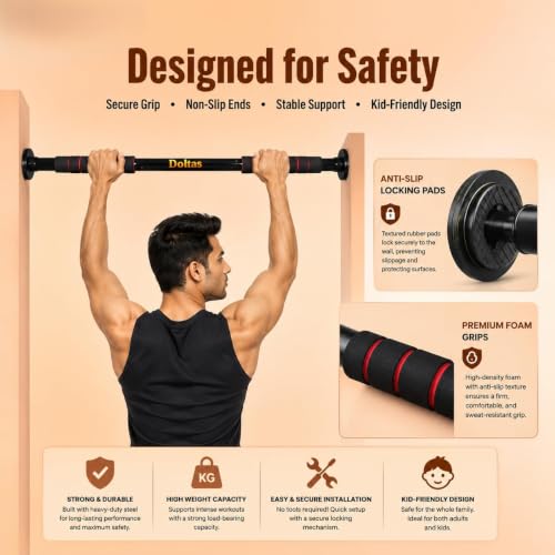 Image of DOLTAS Pull Up Bar for Home for Kids & Adults (100 kg Capacity) | Wall Mounted Pull Up Bar with Anti-Skid Foam Grip | No-Drill Installation | Heavy Duty Home Gym Equipment for Strength Training & Home Workout | BLACK & RED