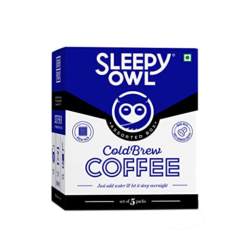 Image of Sleepy Owl Assorted Cold Brew Packs, 5 X 250 g & Coffee Dark Roast Cold Brew Combo | 3 Step Brew - No Equipment Required | 100% Arabica Beans - Sourced Directly from Farms (Pack of 5)