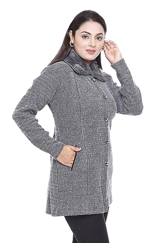 Image of Women Woolen Buttoned Fur Collar Neck Stylish Party Winter Wear Coat Cardigan Sweater
