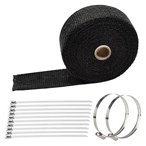 2" x 50' Titanium Exhaust Heat Wrap for Motorcycle Car,Fiberglass Exhaust Header Wrap Tape with Stainless Steel Locking Ties and Duct Clamps (Black) Cover
