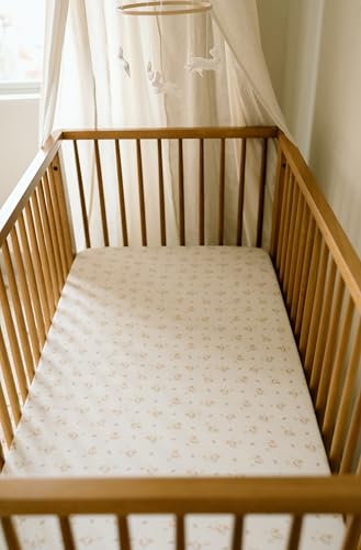 Image of Oilo Crib Sheet, Breathable, Fitted, Organic Cotton Jersey, 300-Thread, Machine Wash, Fits Standard Crib (28 inch x 52 inch x 9 inch), Toddler Bedding, Heirloom Organic Collection, Dainty Floral