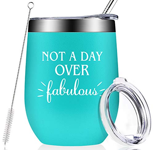 Fufandi Not A Day Over Fabulous, Funny 21st 30th 40th 50th 60th 70th Birthday Gifts for Women, Grandma, Best Friends, Mom, Coworker, Aunt, 12oz Wine Tumbler Cup - Mint